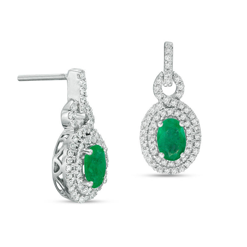 Oval Emerald and 0.5 CT. T.W. Diamond Double Frame Drop Earrings in 10K White Gold