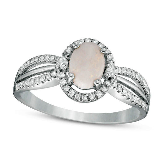 Oval Opal and 0.20 CT. T.W. Natural Diamond Frame Split Shank Ring in Solid 10K White Gold