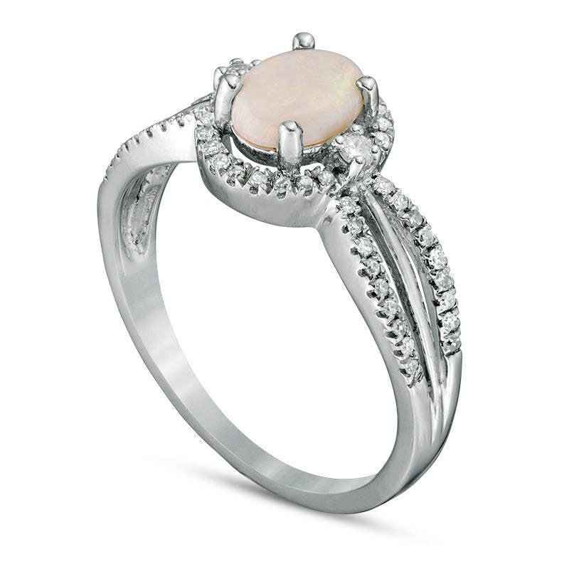 Oval Opal and 0.20 CT. T.W. Natural Diamond Frame Split Shank Ring in Solid 10K White Gold