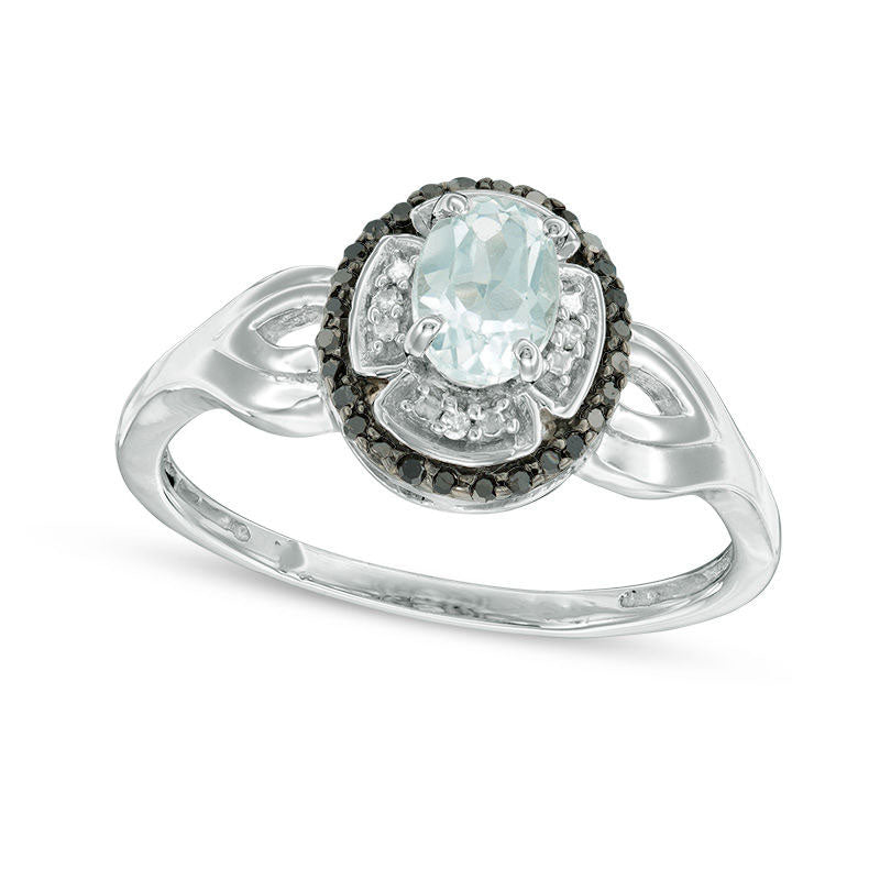 Oval Aquamarine and 0.10 CT. T.W. Enhanced Black and White Natural Diamond Frame Ring in Solid 10K White Gold