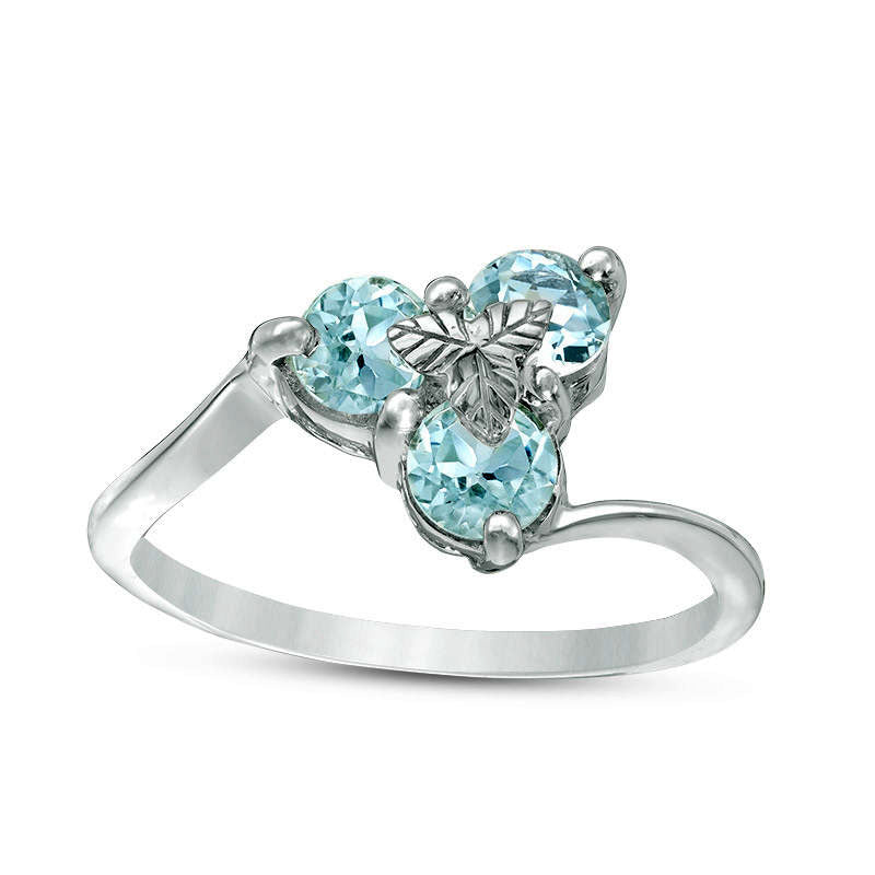 5.0mm Aquamarine Three Stone Leaf Ring in Solid 10K White Gold