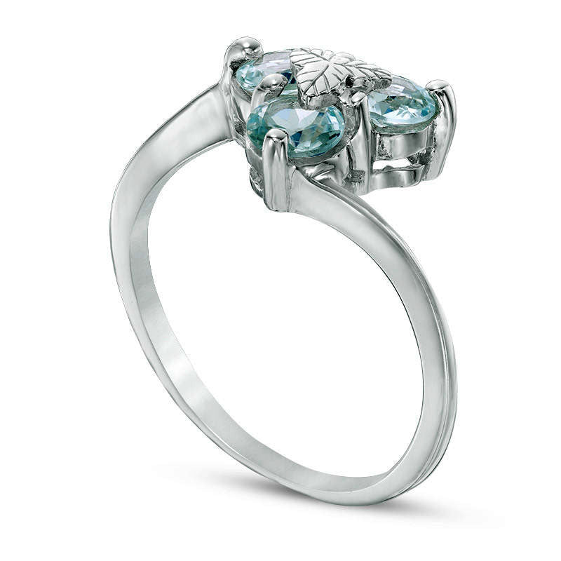 5.0mm Aquamarine Three Stone Leaf Ring in Solid 10K White Gold