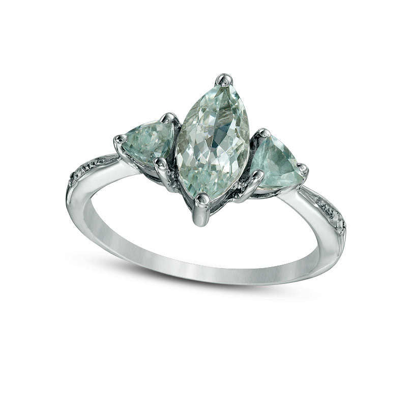 Marquise and Trillion-Cut Aquamarine Three Stone Ring in Solid 10K White Gold