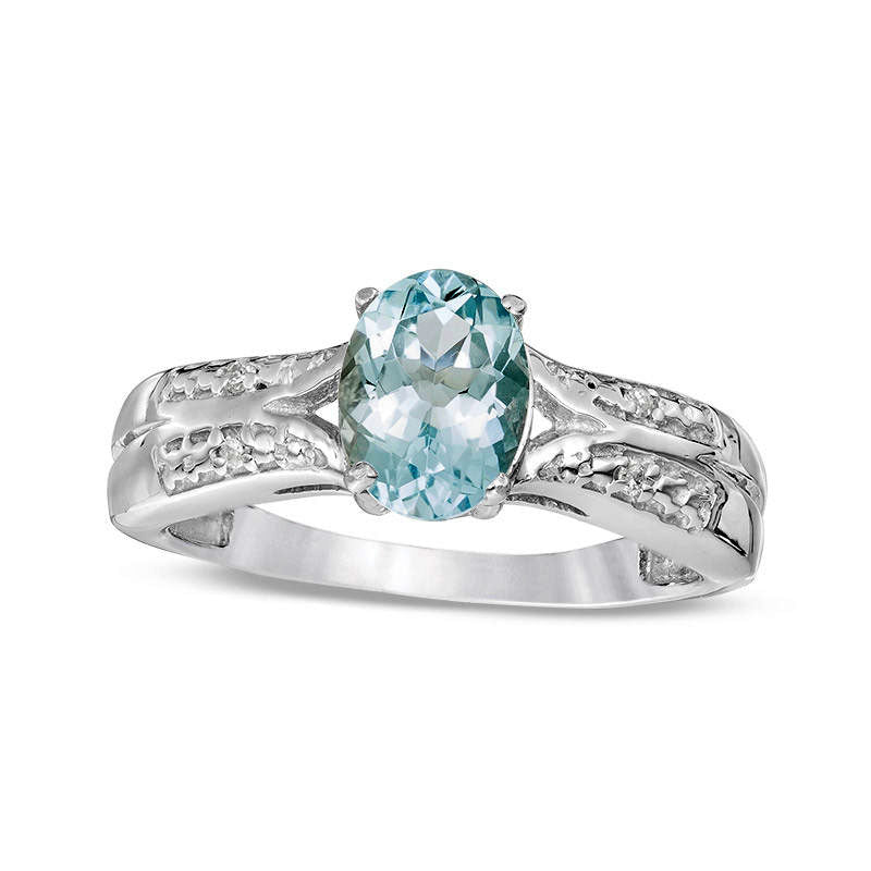 Oval Aquamarine and Natural Diamond Accent Ring in Solid 10K White Gold