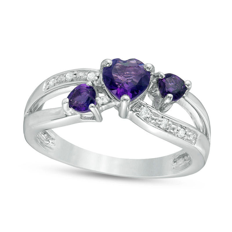 Heart-Shaped Amethyst and Natural Diamond Accent Three Stone Ring in Sterling Silver