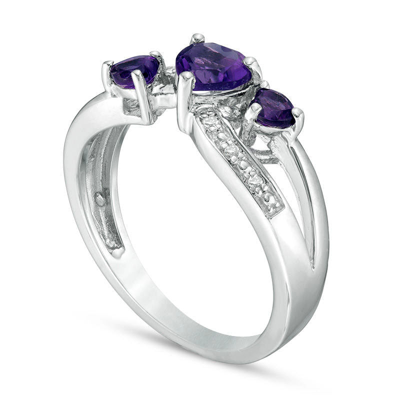 Heart-Shaped Amethyst and Natural Diamond Accent Three Stone Ring in Sterling Silver