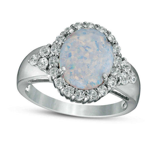 Oval Lab-Created Opal and White Topaz Frame Tri-Sides Ring in Sterling Silver