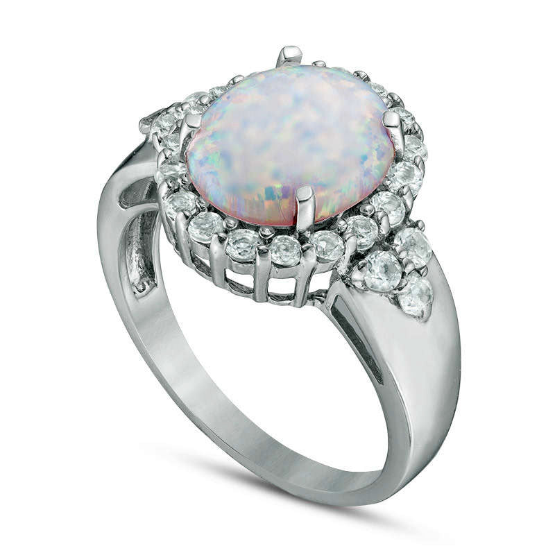 Oval Lab-Created Opal and White Topaz Frame Tri-Sides Ring in Sterling Silver