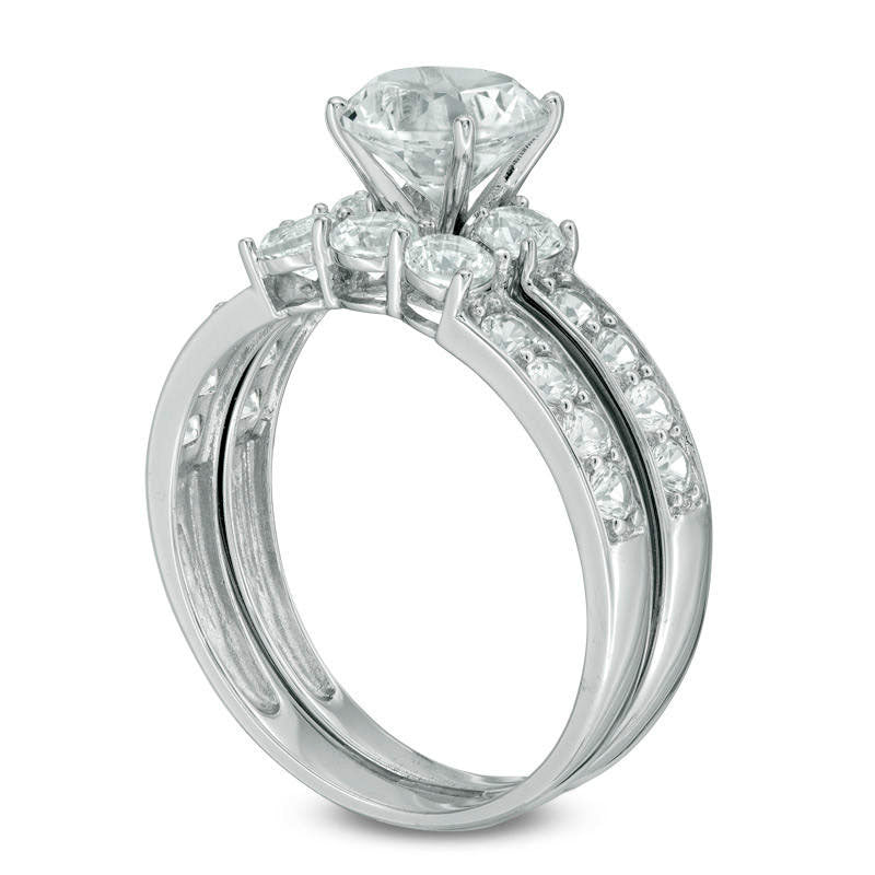 Lab-Created White Sapphire Three Stone Bridal Engagement Ring Set in Solid 10K White Gold