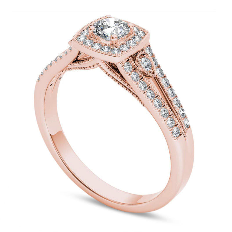 0.50 CT. T.W. Natural Diamond Cushion Frame Split Shank Antique Vintage-Style Engagement Ring in Solid 14K Rose Gold