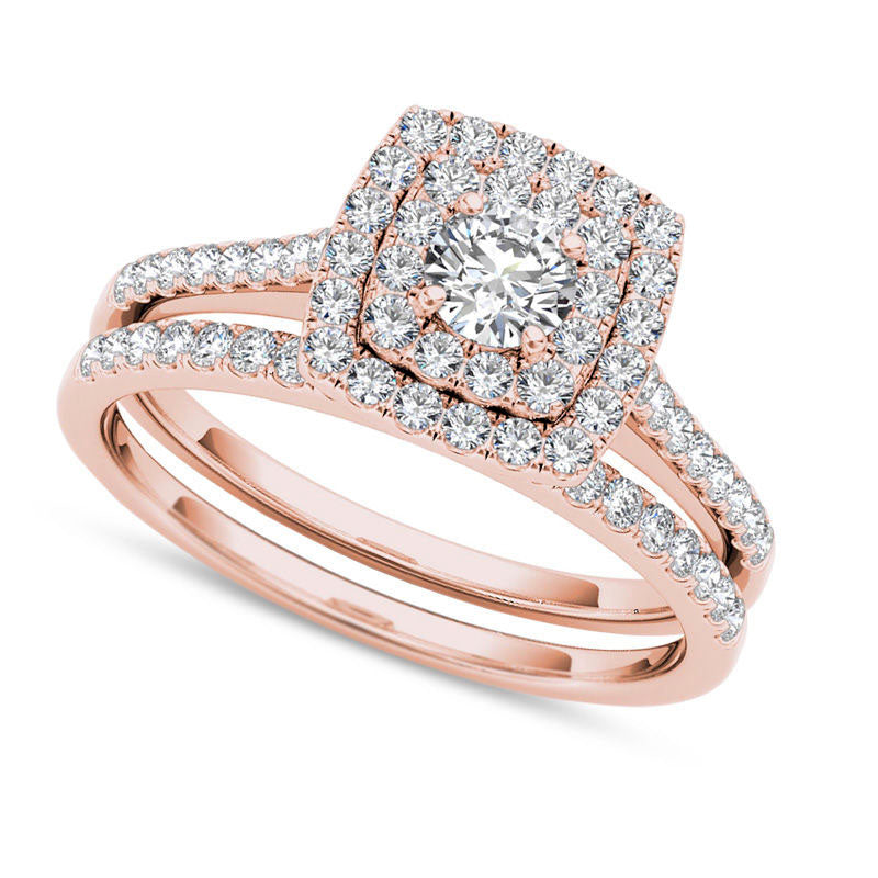 0.75 CT. T.W. Natural Diamond Double Cushion Frame Bridal Engagement Ring Set in Solid 14K Rose Gold