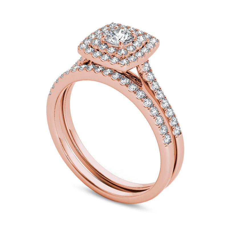 0.75 CT. T.W. Natural Diamond Double Cushion Frame Bridal Engagement Ring Set in Solid 14K Rose Gold