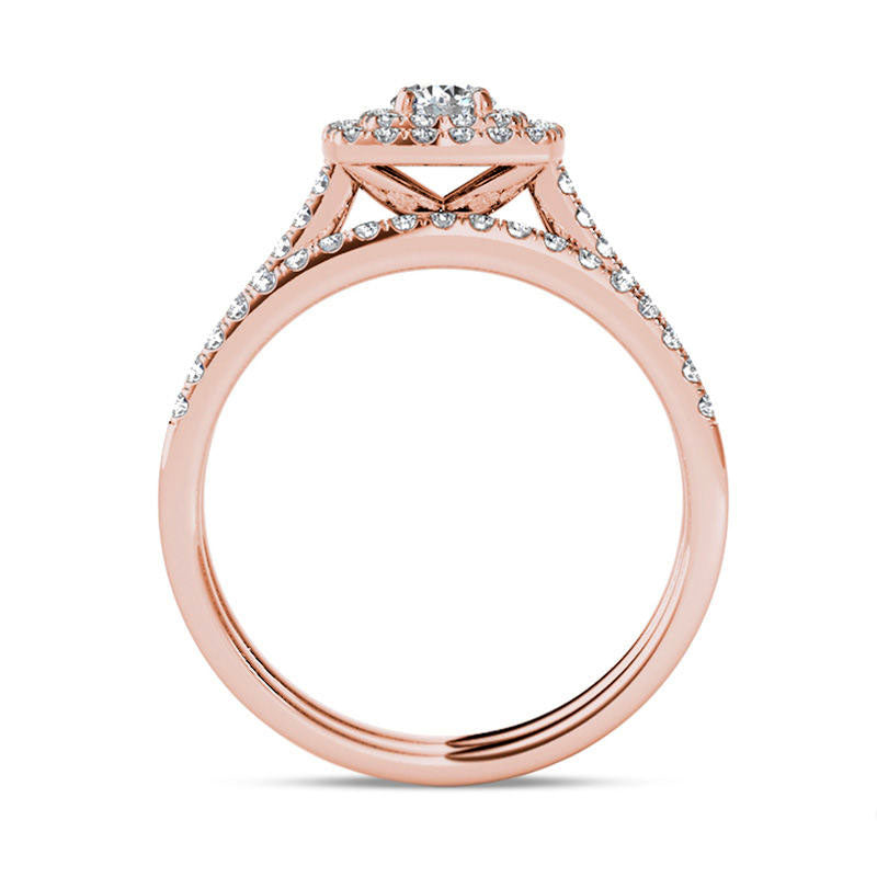 0.75 CT. T.W. Natural Diamond Double Cushion Frame Bridal Engagement Ring Set in Solid 14K Rose Gold