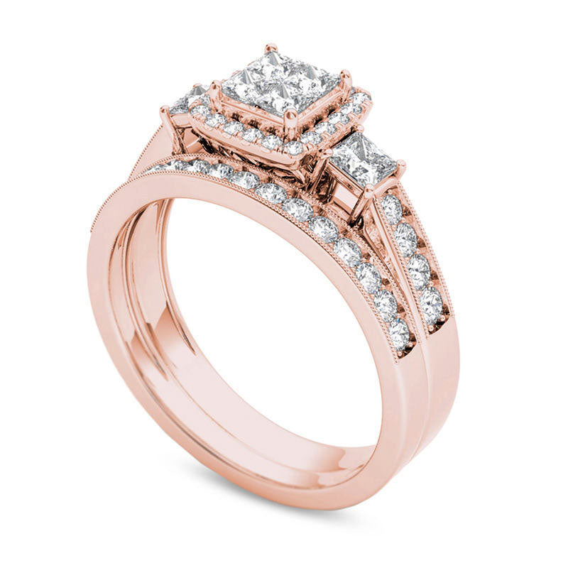 1.0 CT. T.W. Quad Princess-Cut Natural Diamond Three Stone Frame Antique Vintage-Style Bridal Engagement Ring Set in Solid 14K Rose Gold