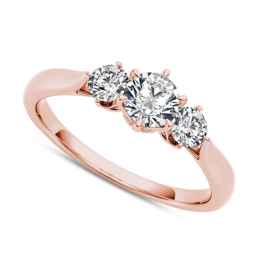 0.88 CT. T.W. Natural Diamond Three Stone Engagement Ring in Solid 14K Rose Gold