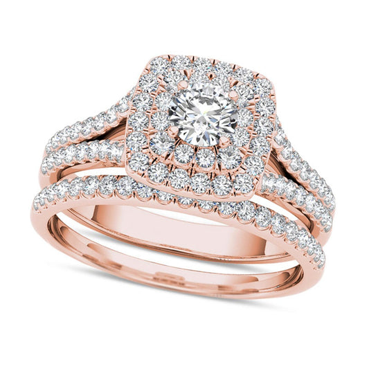 1.0 CT. T.W. Natural Diamond Double Cushion Frame Split Shank Bridal Engagement Ring Set in Solid 14K Rose Gold