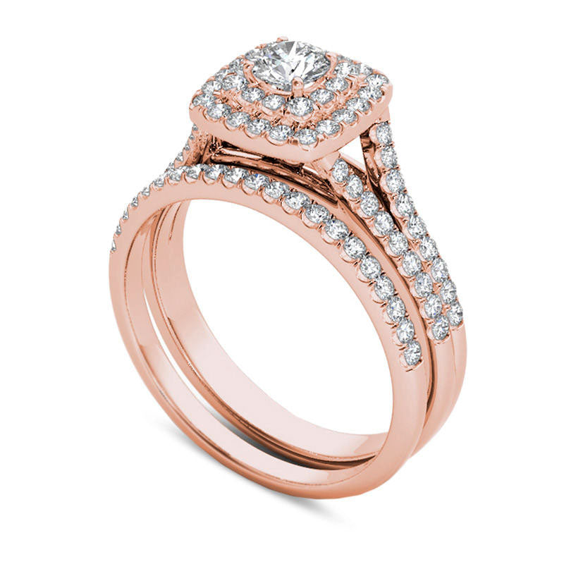 1.0 CT. T.W. Natural Diamond Double Cushion Frame Split Shank Bridal Engagement Ring Set in Solid 14K Rose Gold