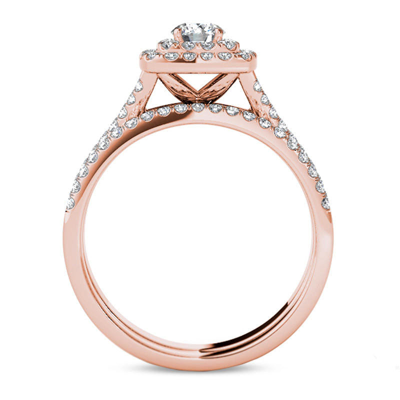 1.0 CT. T.W. Natural Diamond Double Cushion Frame Split Shank Bridal Engagement Ring Set in Solid 14K Rose Gold