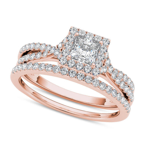 1.0 CT. T.W. Princess-Cut Natural Diamond Frame Twist Bridal Engagement Ring Set in Solid 14K Rose Gold