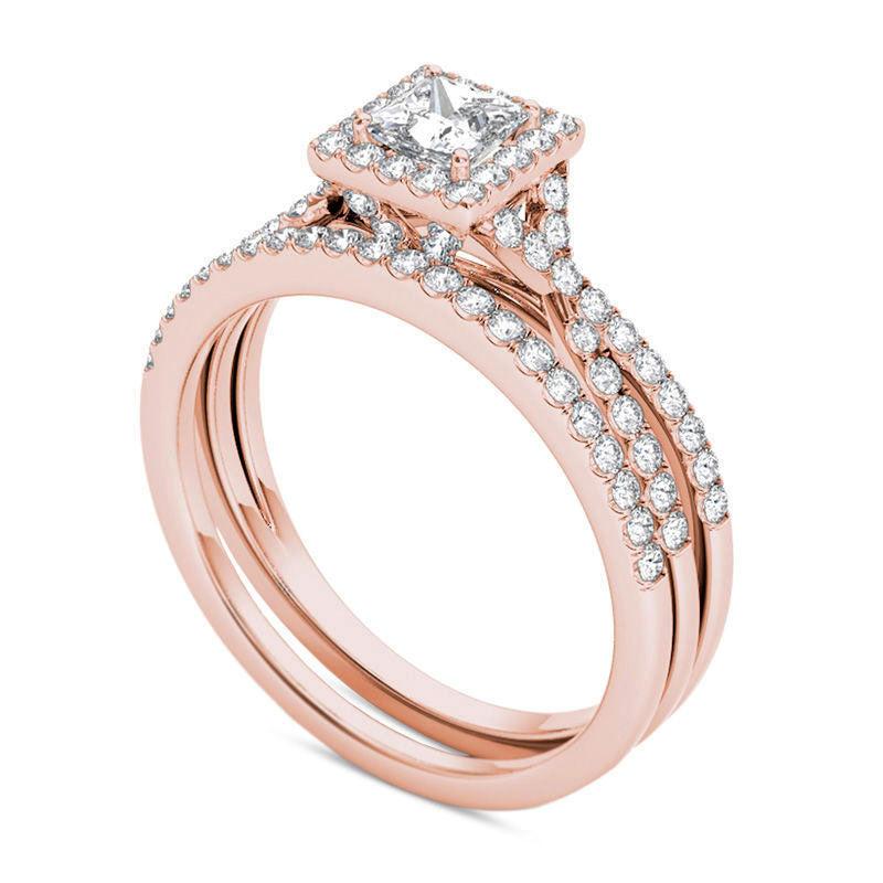 1.0 CT. T.W. Princess-Cut Natural Diamond Frame Twist Bridal Engagement Ring Set in Solid 14K Rose Gold