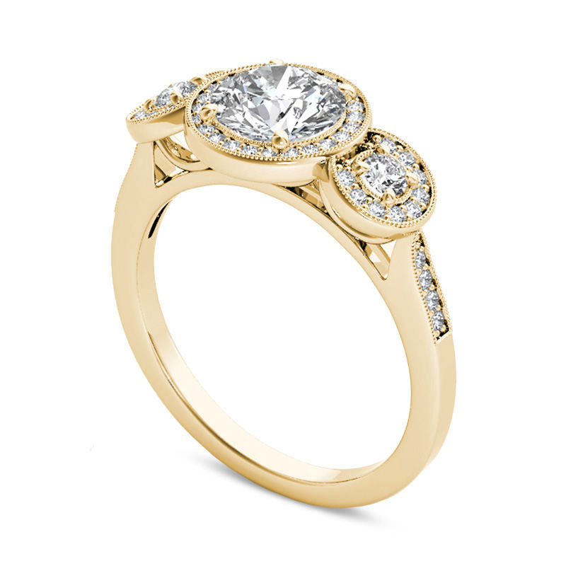 1.5 CT. T.W. Natural Diamond Frame Antique Vintage-Style Three Stone Engagement Ring in Solid 14K Gold