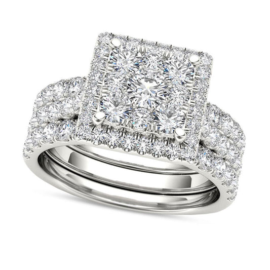 2.0 CT. T.W. Composite Natural Diamond Square Frame Three Piece Bridal Engagement Ring Set in Solid 14K White Gold