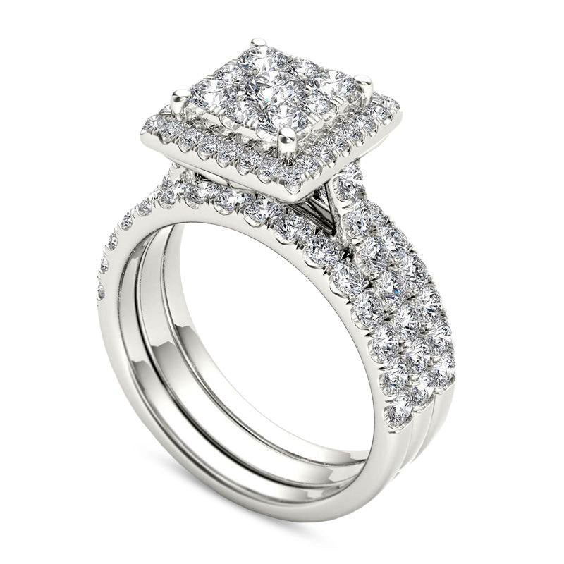 2.0 CT. T.W. Composite Natural Diamond Square Frame Three Piece Bridal Engagement Ring Set in Solid 14K White Gold