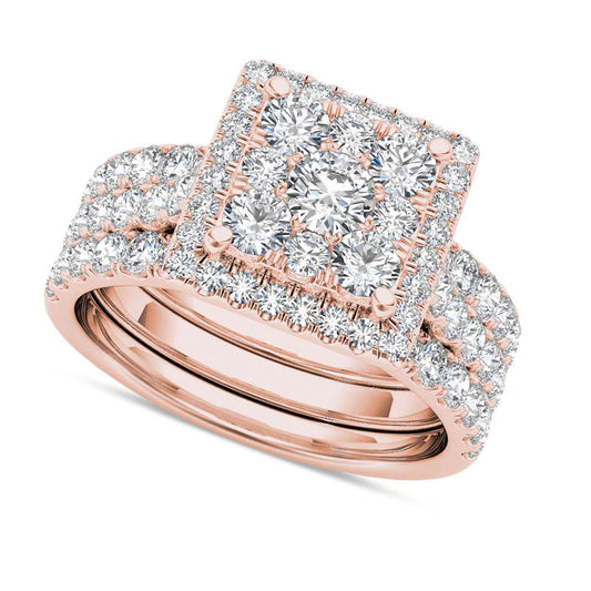 2.0 CT. T.W. Composite Natural Diamond Square Frame Three Piece Bridal Engagement Ring Set in Solid 14K Rose Gold