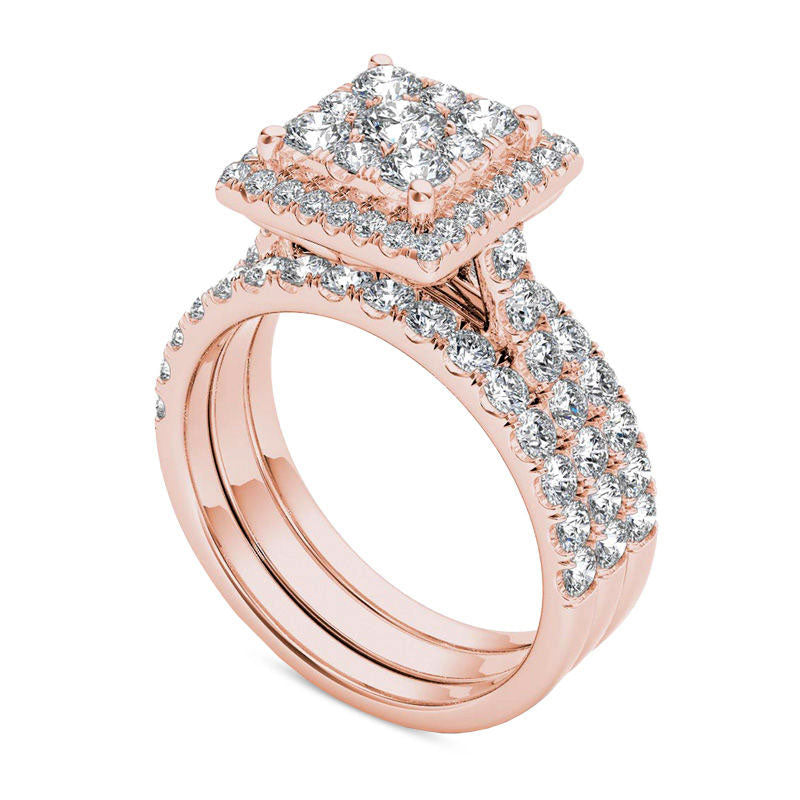 2.0 CT. T.W. Composite Natural Diamond Square Frame Three Piece Bridal Engagement Ring Set in Solid 14K Rose Gold