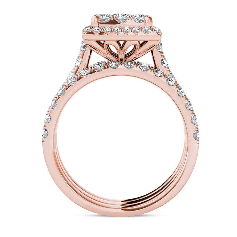 2.0 CT. T.W. Composite Natural Diamond Square Frame Three Piece Bridal Engagement Ring Set in Solid 14K Rose Gold