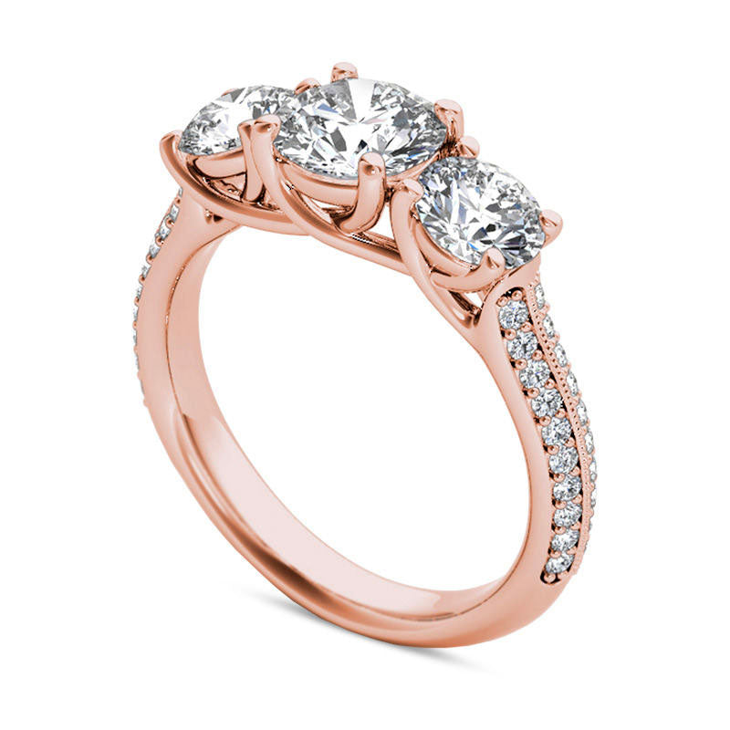 2.20 CT. T.W. Natural Diamond Three Stone Antique Vintage-Style Engagement Ring in Solid 14K Rose Gold