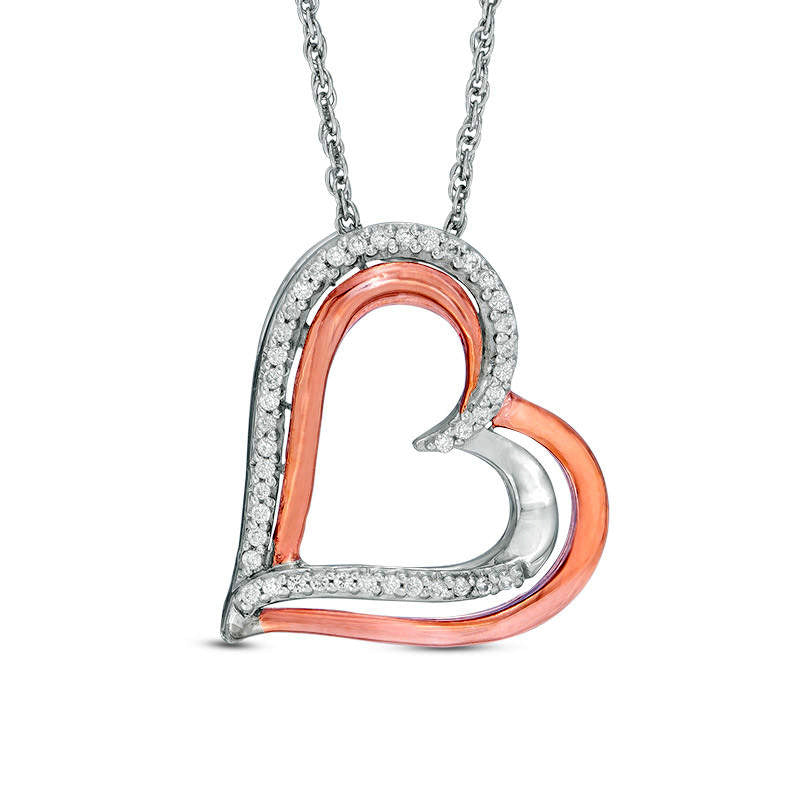 0.1 CT. T.W. Natural Diamond Tilted Overlay Double Heart Pendant in Sterling Silver and 10K Rose Gold