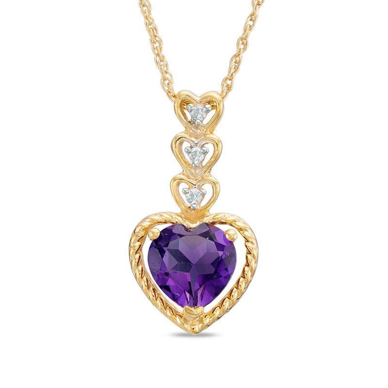 7.0mm Heart-Shaped Amethyst and Natural Diamond Accent Drop Pendant in 10K Yellow Gold