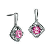 6.0mm Lab-Created Pink Sapphire and 0.17 CT. T.W. Diamond Swirl Frame Drop Earrings in Sterling Silver