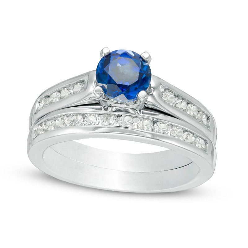 6.0mm Lab-Created Blue and White Sapphire Bridal Engagement Ring Set in Sterling Silver