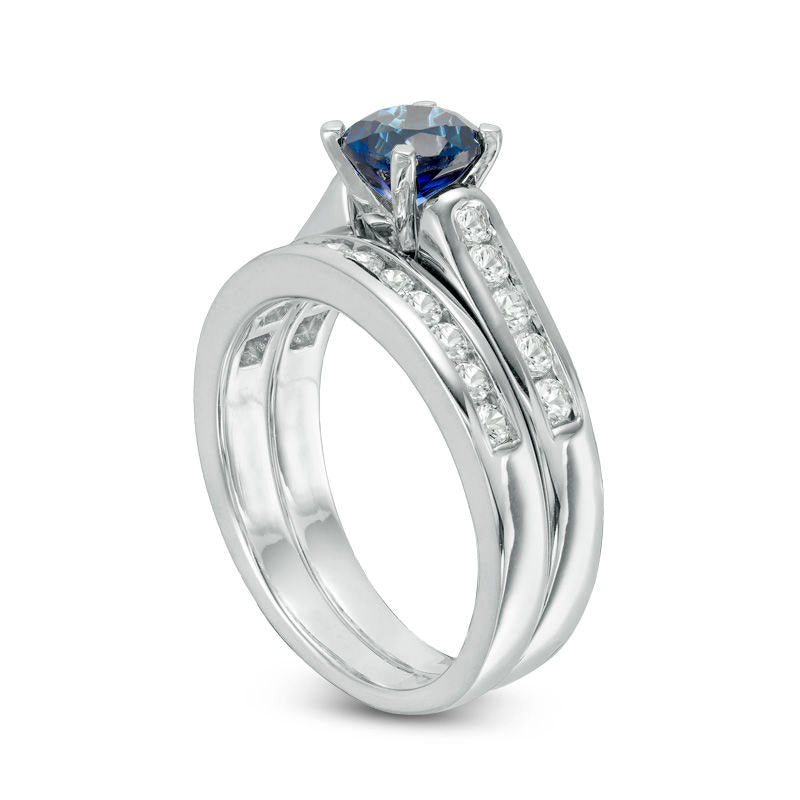 6.0mm Lab-Created Blue and White Sapphire Bridal Engagement Ring Set in Sterling Silver