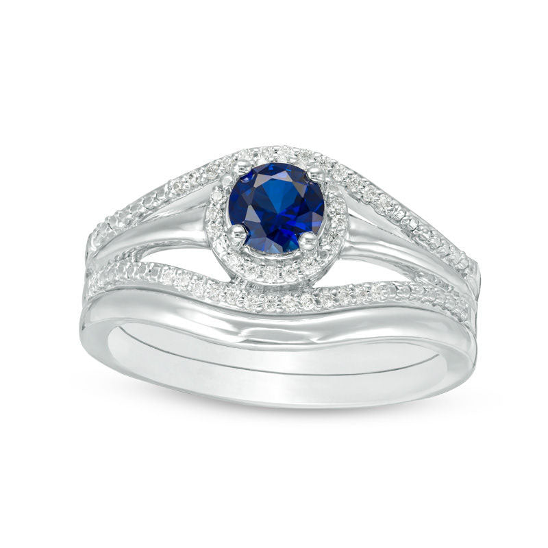 Lab-Created Blue Sapphire and 0.10 CT. T.W. Diamond Split Shank Bridal Engagement Ring Set in Sterling Silver