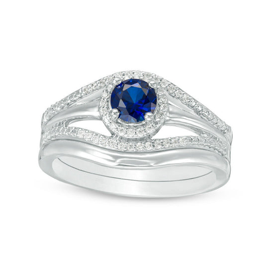 Lab-Created Blue Sapphire and 0.10 CT. T.W. Diamond Split Shank Bridal Engagement Ring Set in Sterling Silver