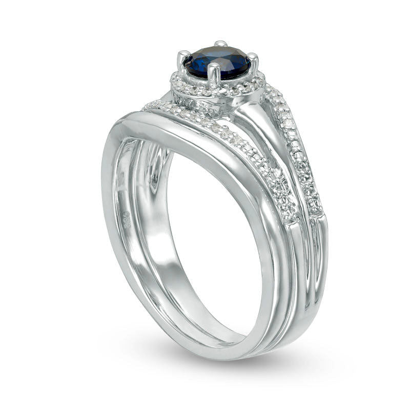 Lab-Created Blue Sapphire and 0.10 CT. T.W. Diamond Split Shank Bridal Engagement Ring Set in Sterling Silver