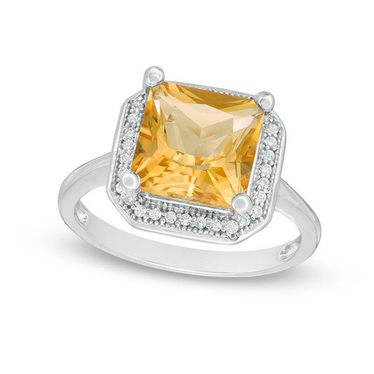 9.0mm Princess-Cut Citrine and 0.13 CT. T.W. Natural Diamond Frame Antique Vintage-Style Ring in Solid 10K White Gold