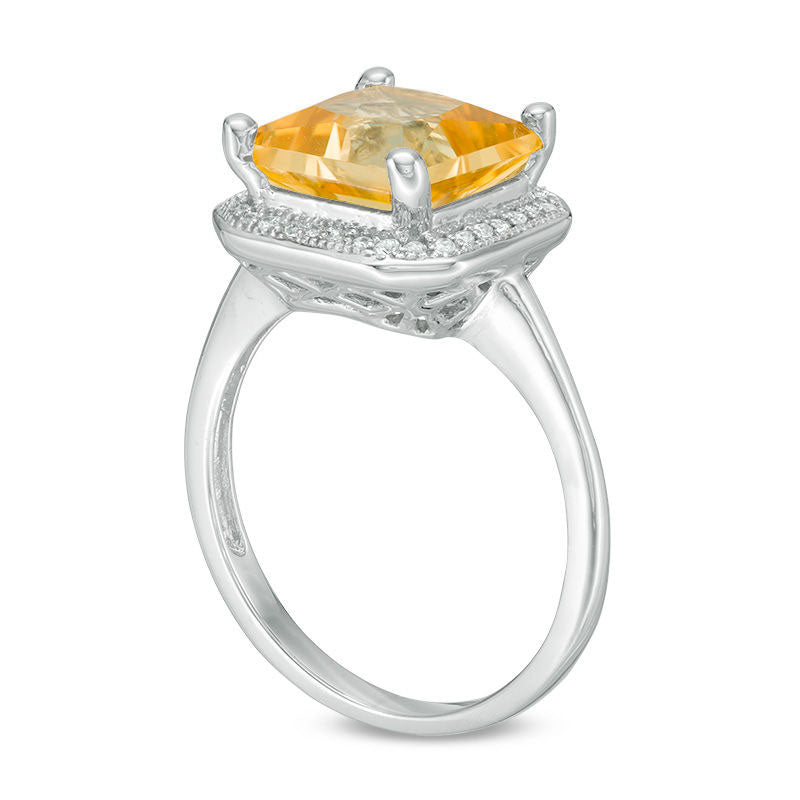 9.0mm Princess-Cut Citrine and 0.13 CT. T.W. Natural Diamond Frame Antique Vintage-Style Ring in Solid 10K White Gold