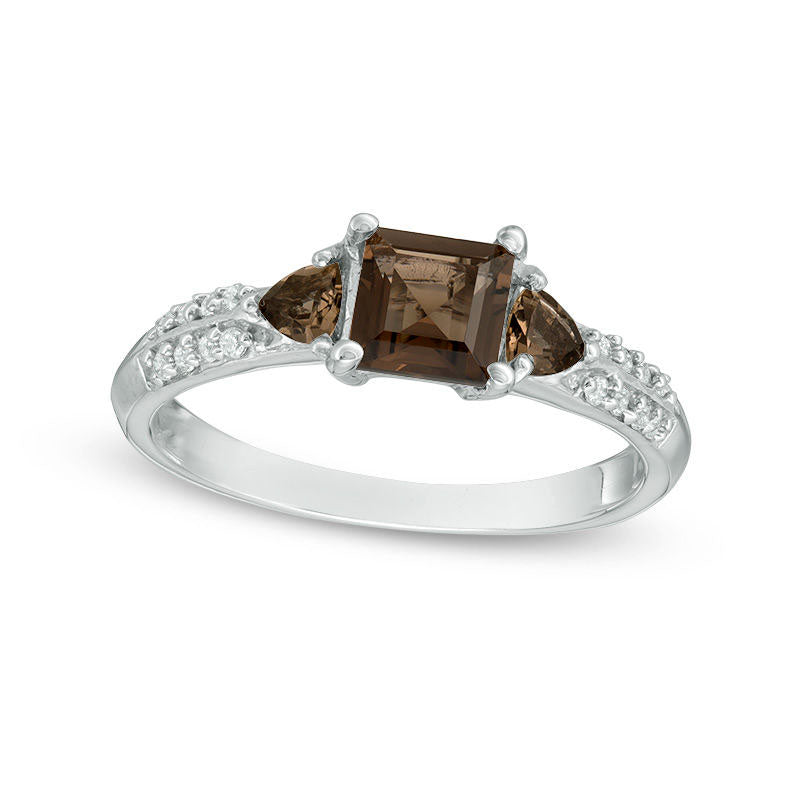 Smoky Quartz and Natural Diamond Accent Three Stone Ring in Sterling Silver