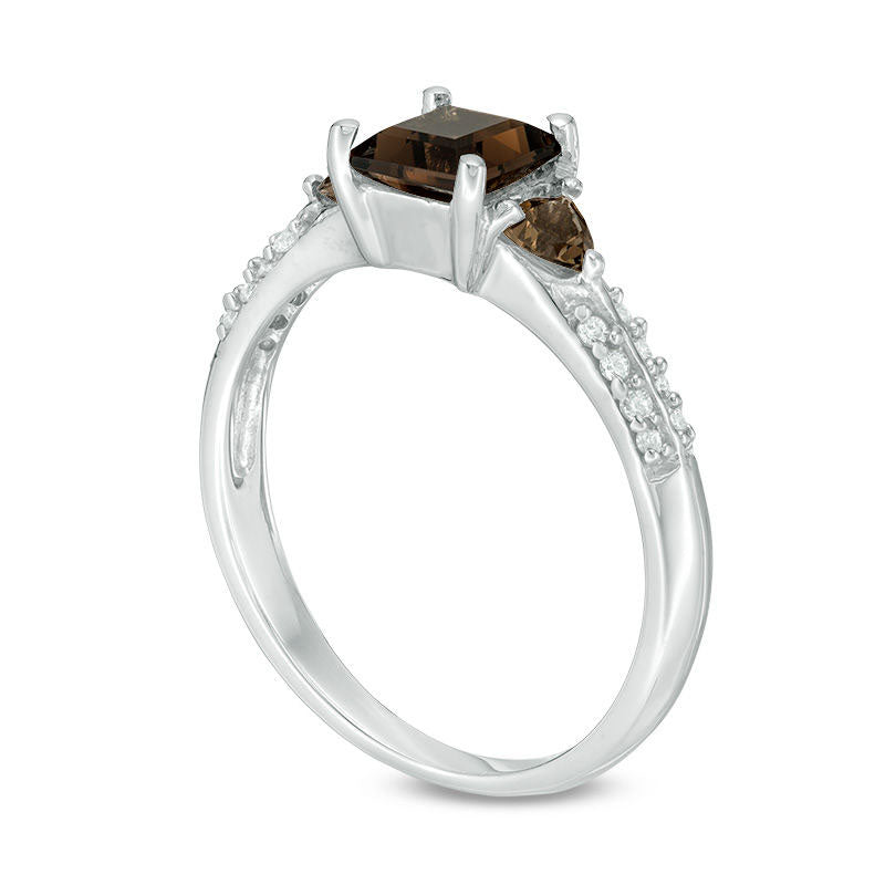 Smoky Quartz and Natural Diamond Accent Three Stone Ring in Sterling Silver