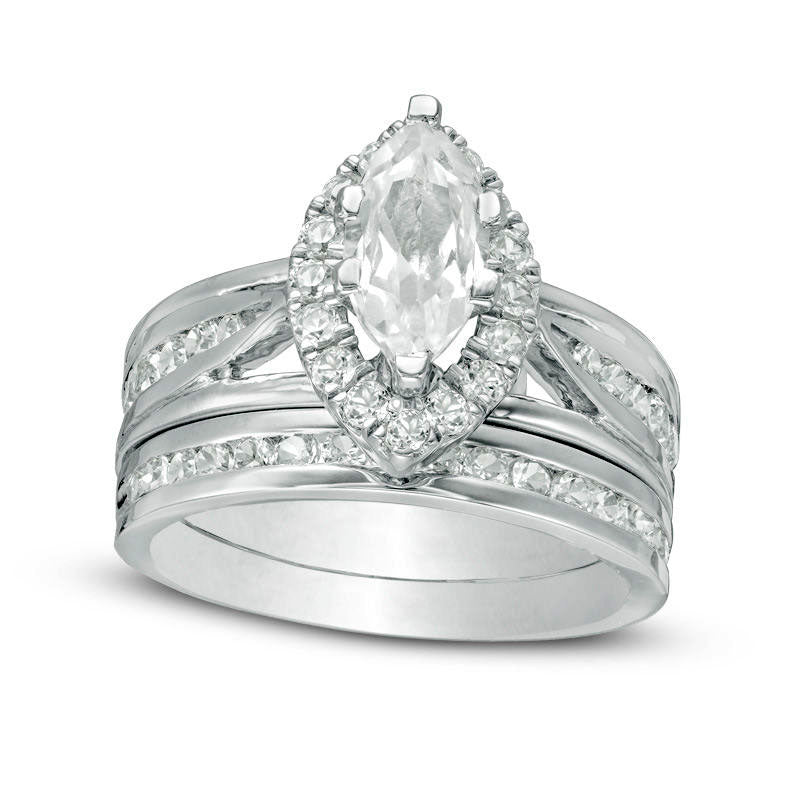 Marquise Lab-Created White Sapphire Frame Bridal Engagement Ring Set in Sterling Silver