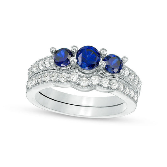 4.5mm Lab-Created Blue and White Sapphire Three Stone Bridal Engagement Ring Set in Sterling Silver