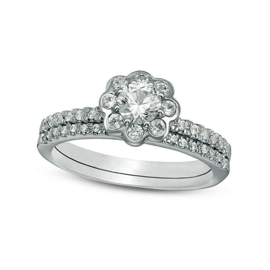 4.5mm Lab-Created White Sapphire and 0.17 CT. T.W. Diamond Flower Bridal Engagement Ring Set in Sterling Silver