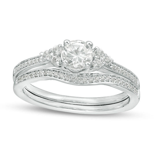 Lab-Created White Sapphire and 0.10 CT. T.W. Diamond Tri-Sides Bridal Engagement Ring Set in Sterling Silver