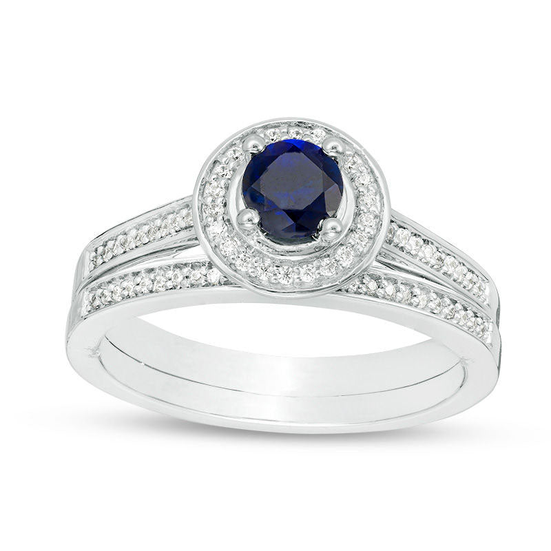 Lab-Created Blue Sapphire and 0.17 CT. T.W. Diamond Frame Bridal Engagement Ring Set in Sterling Silver