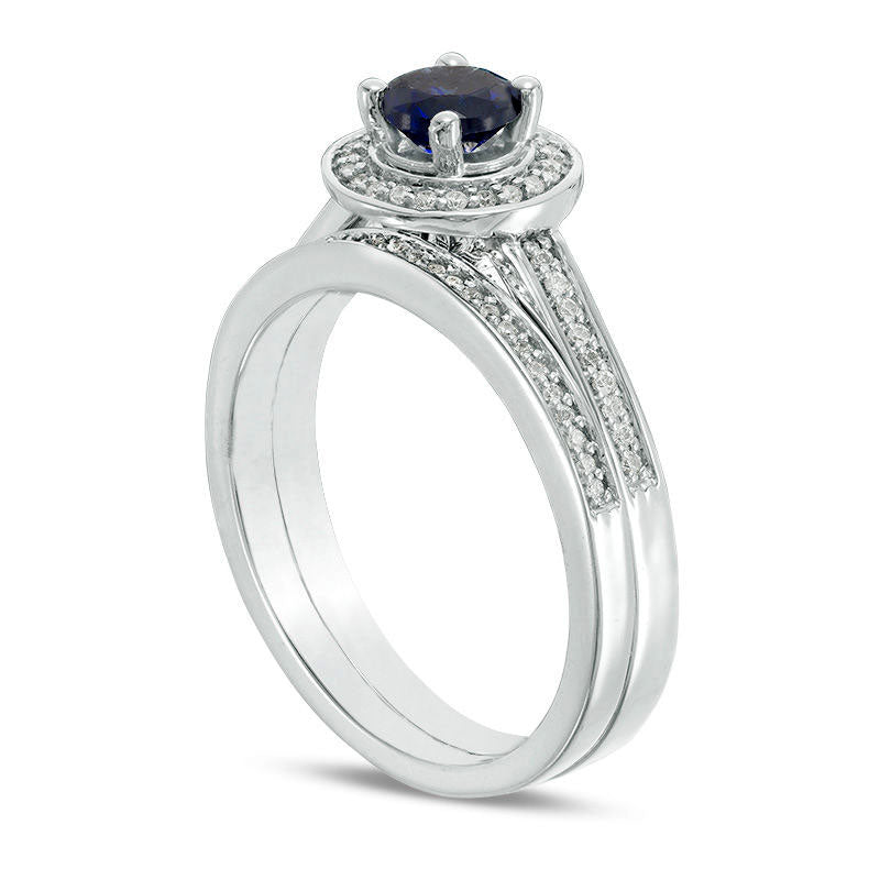 Lab-Created Blue Sapphire and 0.17 CT. T.W. Diamond Frame Bridal Engagement Ring Set in Sterling Silver