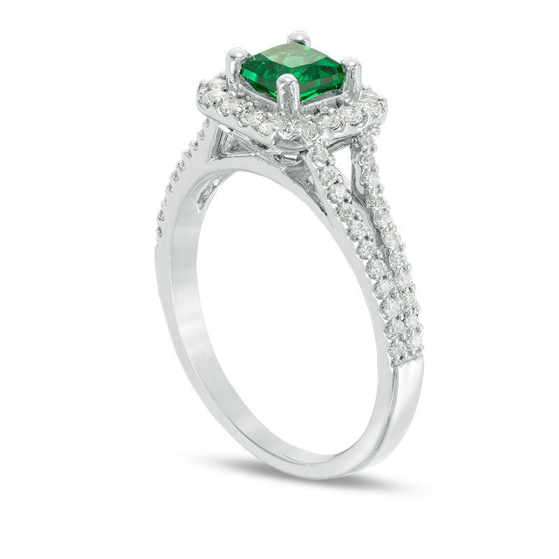 Princess-Cut Lab-Created Emerald, White Sapphire and 0.25 CT. T.W. Diamond Frame Engagement Ring in Sterling Silver